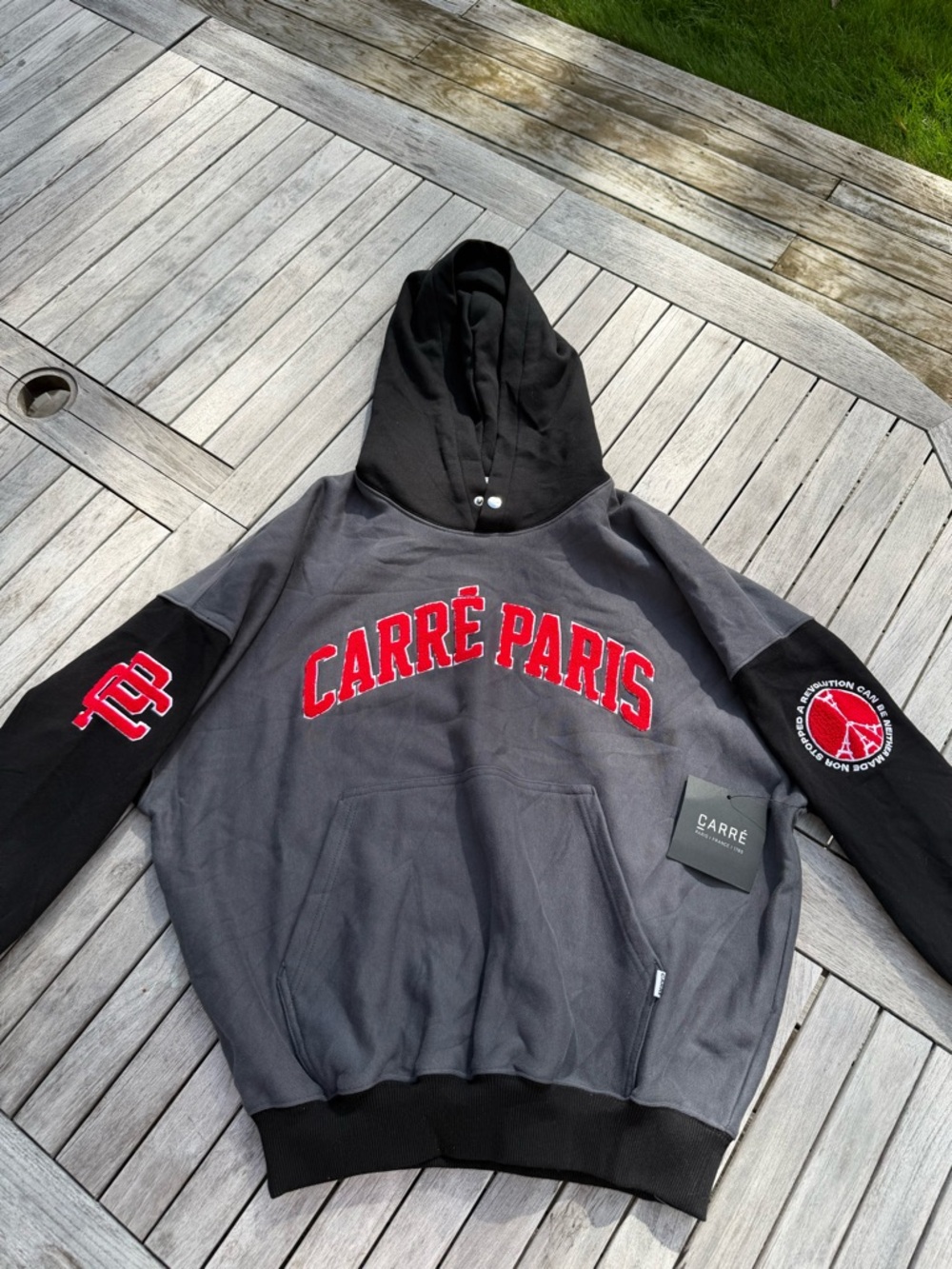 Carré Paris Two-Tone Gray & Black Hoodie with Red Logo
